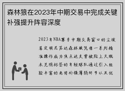 森林狼在2023年中期交易中完成关键补强提升阵容深度